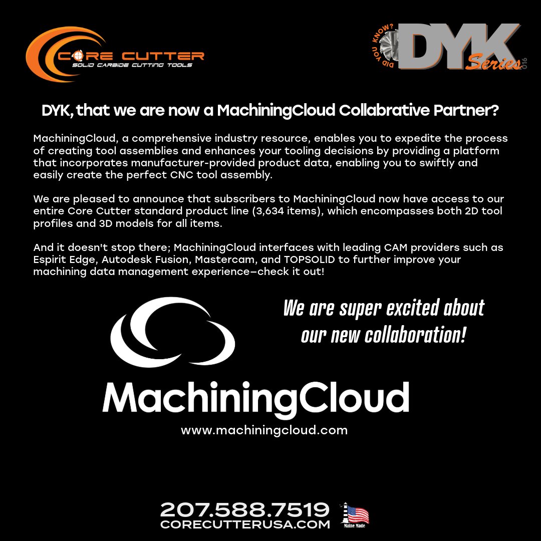 corecutterusa's tweet photo. Exciting Announcement!

Subscribers to the Machining Cloud can now access our whole standard tool collection, including 2D tool profiles and 3D models for all 3,634 standard products available.

#cuttingtools #solidcarbide #endmills https://t.co/rZr97y5264