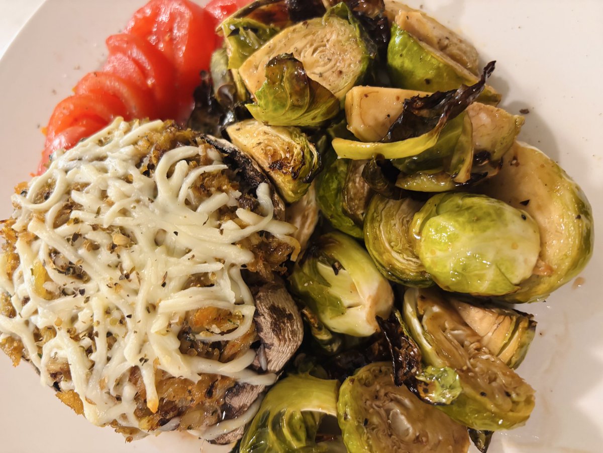 Crab stuffed portobello mushrooms and balsamic reduced brussel sprouts. What’s for dinner?