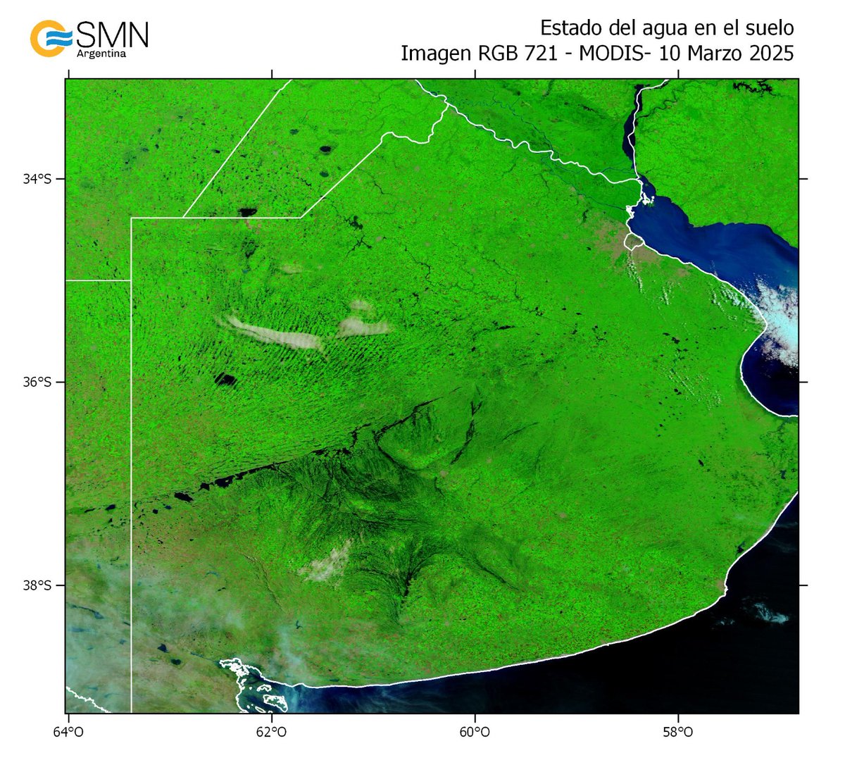 🌧️ En lo que va de marzo, el centro y sur de Buenos Aires y el este de La Pampa recibieron más de 150 mm de lluvia. Gran parte de la región está inundada.

🛰️ La imagen satelital compara el estado del suelo entre el 19/2 y hoy: los tonos oscuros indican las áreas anegadas.