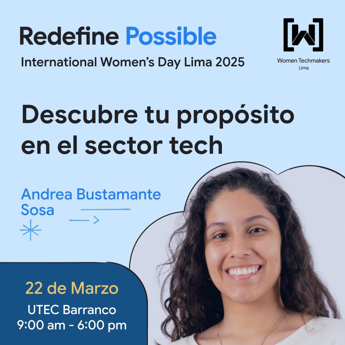 WTMLima's tweet image. ¿Te preguntas ”¿y ahora qué?” en tu carrera en tecnología? 🤔 En este taller, Andrea Bustamante nos ayudará a conectar con nuestro propósito y construir un proyecto de vida con impacto.
📅 22 de marzo | 📍 UTEC, Barranco
🔗 wtmlima.com/iwd-2025
#WTMLima #RedefinePossible