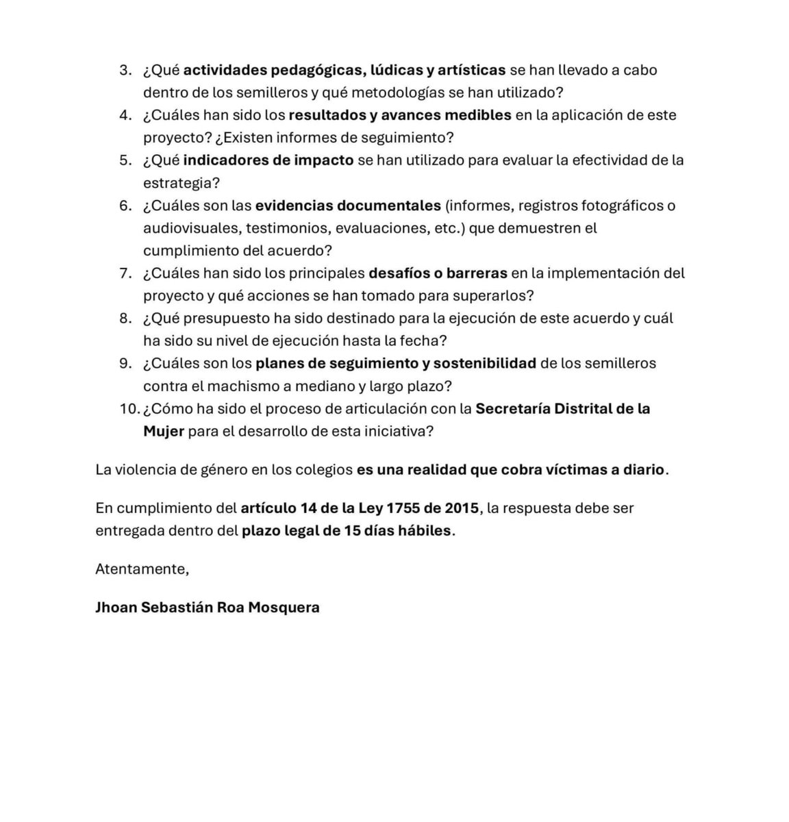 Sebastián Roa (@roasebastiann) on Twitter photo 🚨 <a href="/Educacionbogota/">Secretaría de Educación de Bogotá</a> y <a href="/IsabelSegoviaO/">Isabel Segovia O</a> ¿Dónde están los resultados del Acuerdo 376 de 2023 sobre semilleros contra el machismo en colegios?
Mientras la violencia de género aumenta, no hay informes ni evidencias. Hoy radicamos un derecho de petición exigiendo respuestas. 🚨 <a href="/Educacionbogota/">Secretaría de Educación de Bogotá</a> y <a href="/IsabelSegoviaO/">Isabel Segovia O</a> ¿Dónde están los resultados del Acuerdo 376 de 2023 sobre semilleros contra el machismo en colegios?
Mientras la violencia de género aumenta, no hay informes ni evidencias. Hoy radicamos un derecho de petición exigiendo respuestas.