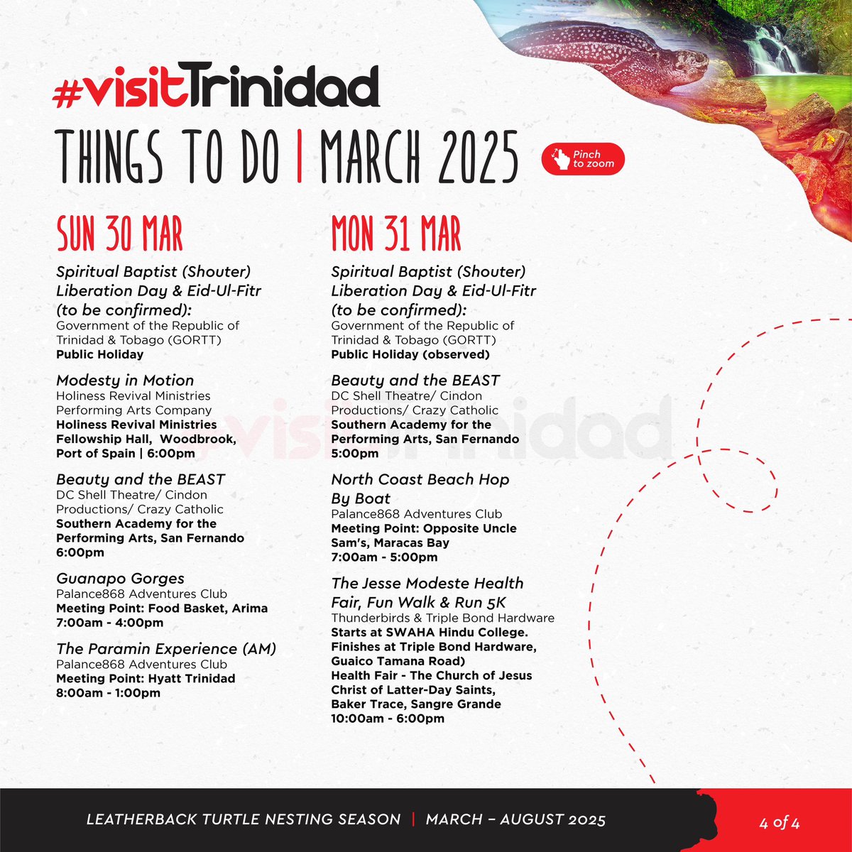 Our March calendar of events is here! From the start of leatherback turtle nesting season to Phagwa celebrations and more - find something to do this month in Trinidad.

#visitTrinidad #AlwaysInSeason