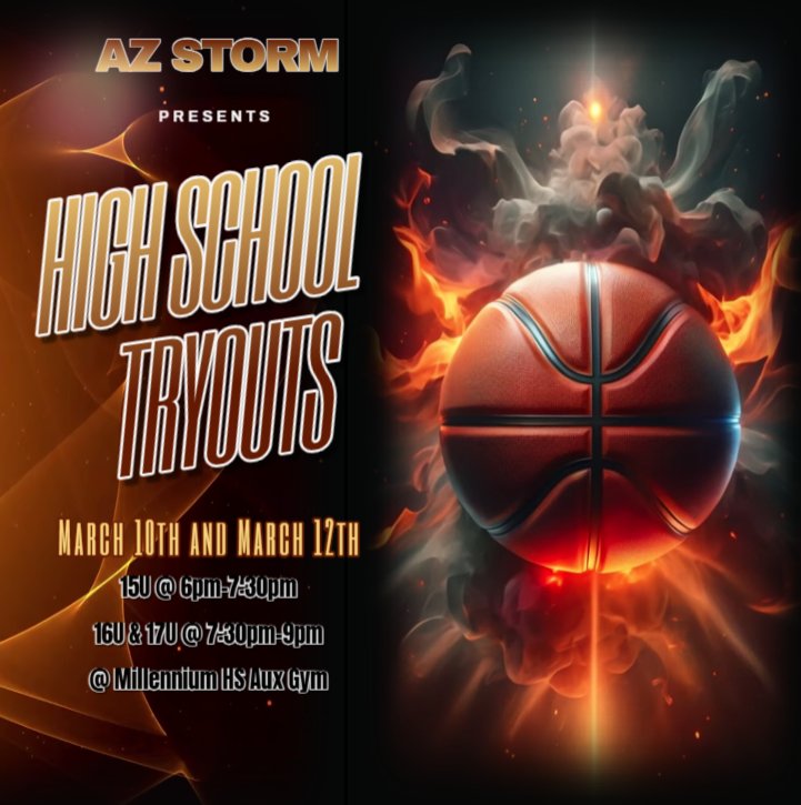 AzStormCamacho's tweet image. Tonight at Millennium High School
15U @ 6pm-7:30pm
16U, 17U, &amp;amp; Unsigned Seniors @ 7:30pm - 9pm