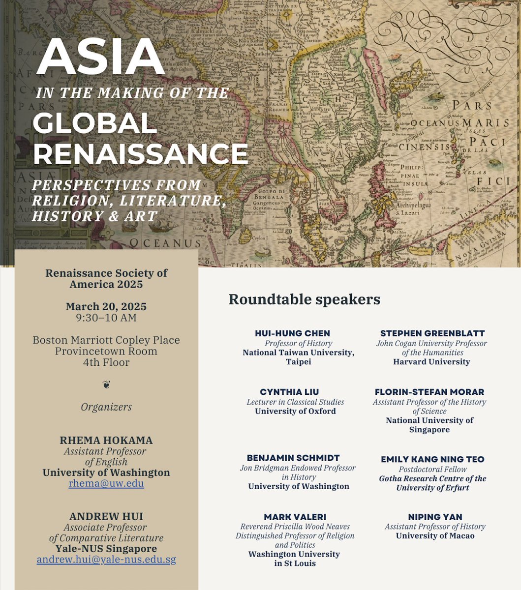 Rhema Hokama (@rhemahokama) on Twitter photo So excited to be organizing this roundtable at #RenSA25 in Boston on Asia & the Making of the #GlobalRenaissance w/ Andrew Hui, Stephen Greenblatt, <a href="/cindyliuwhooo/">劉可歆 Cynthia Liu</a>, Ben Schmidt, Mark Valeri, Emily Teo, Hui-Hung Chen, Florin-Stefan Morar & <a href="/NipingY/">Niping Yan</a>! Please come & join us!
<a href="/RSAorg/">The Renaissance Society of America</a> So excited to be organizing this roundtable at #RenSA25 in Boston on Asia & the Making of the #GlobalRenaissance w/ Andrew Hui, Stephen Greenblatt, <a href="/cindyliuwhooo/">劉可歆 Cynthia Liu</a>, Ben Schmidt, Mark Valeri, Emily Teo, Hui-Hung Chen, Florin-Stefan Morar & <a href="/NipingY/">Niping Yan</a>! Please come & join us!
<a href="/RSAorg/">The Renaissance Society of America</a>