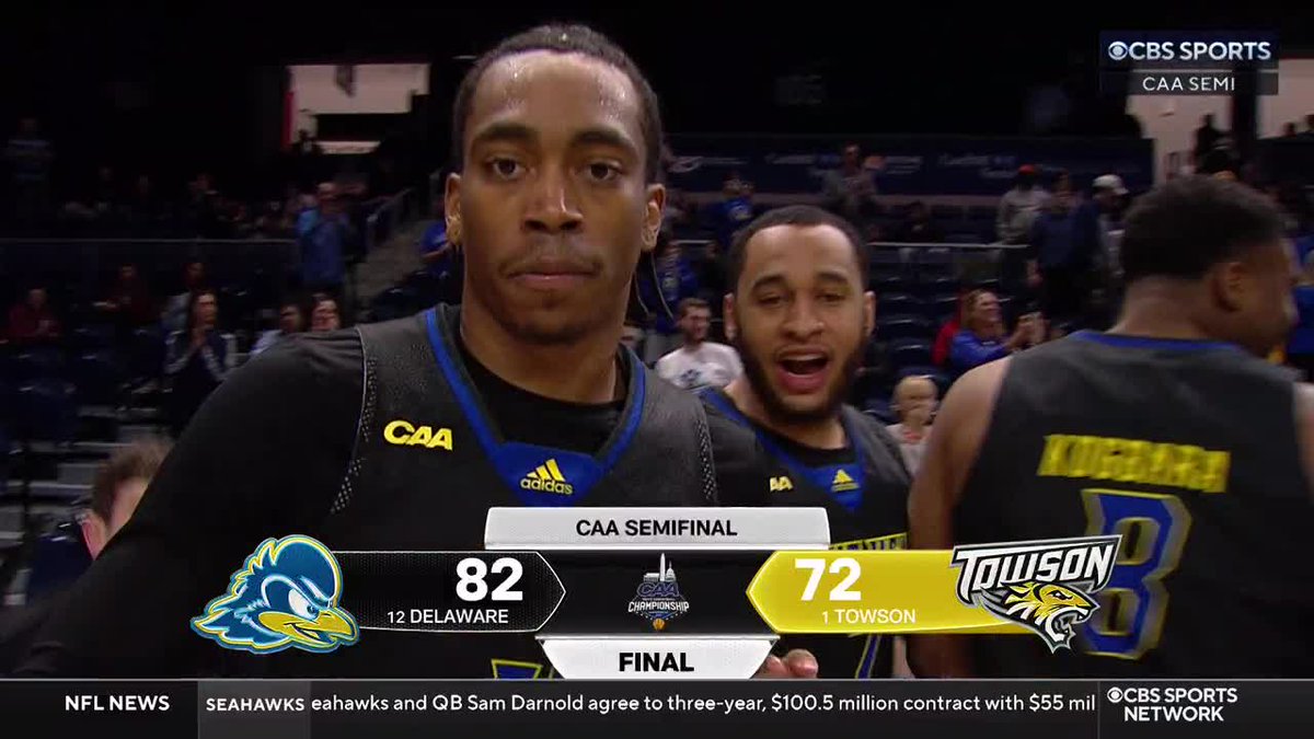 CBSSportsCBB's tweet image. DOWN goes No. 1 Towson! @DelawareMBB becomes the first-ever 12-seed to make the CAA Final!