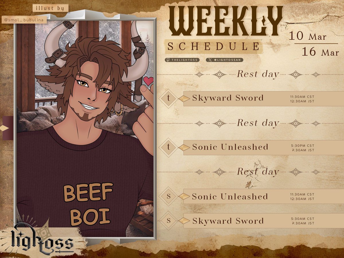 This week's adventure menu: Swords &amp; Speed! ⚔️🦔

Getting closer to the end of Skyward Sword! So far, I haven't broken a monitor with my joy cons! 

And of course, we’re going full AWOOOOOOOO with Sonic Unleashed!

Don’t  miss your weekly dose of Lightoss! 💪