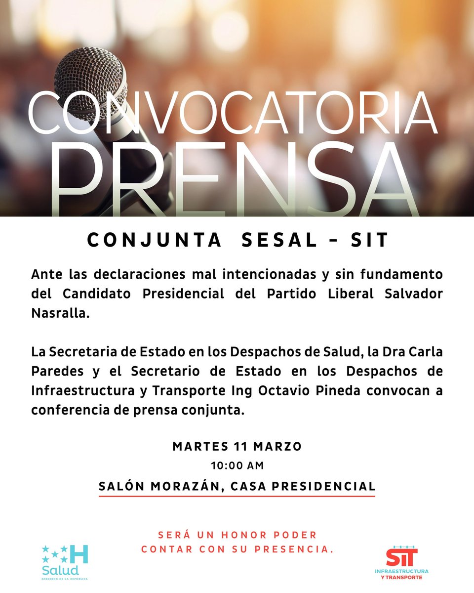 OctaJPP's tweet photo. ¡Atención!🔈

Invitación a conferencia de prensa conjunta
@SITHonduras @saludgobhn 

@XiomaraCastroZ @manuelzr https://t.co/isQ07xnTdX