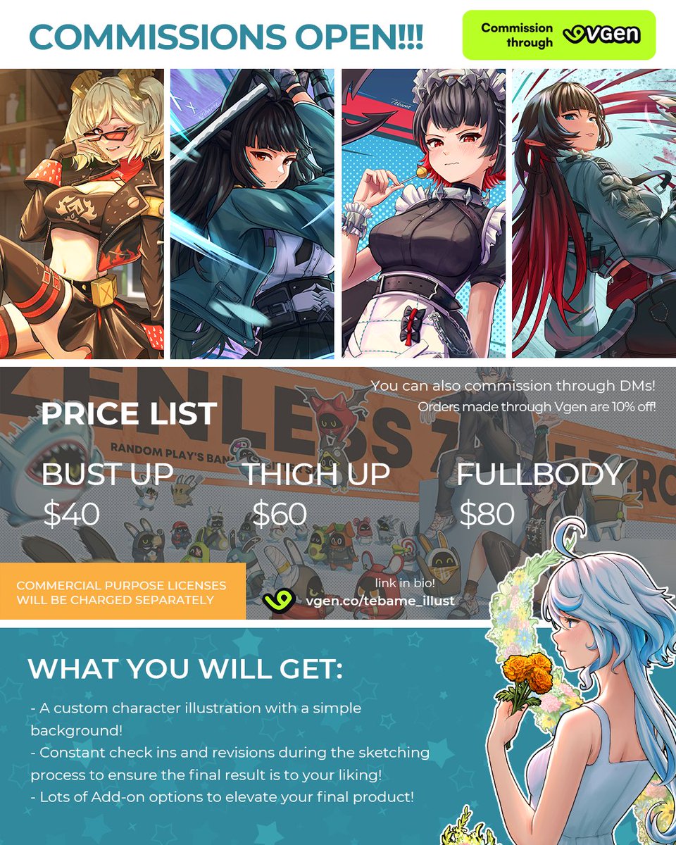 Hi! ✨ 
I’m open for commissions on Vgen!  

If you’re interested please order via Vgen or DMs! vgen.co/tebame_illust 

Retweets are very well appreciated, thank you for your attention! ❤️✨