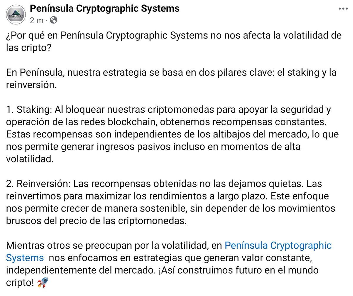 peninsula_crypt's tweet photo. En Península Cryptographic Systems, la volatilidad no nos frena. Con staking generamos recompensas constantes y con reinversión maximizamos rendimientos a largo plazo. ¡Construimos futuro en el mundo cripto sin depender de los altibajos del mercado! 🚀 #Cripto #Staking #BTC https://t.co/FR9GIpBD5r