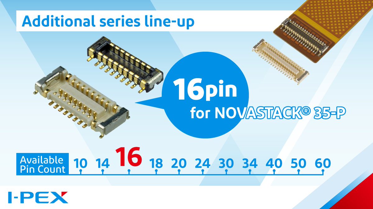 ipexconnectors's tweet image. I-PEX has released additional pin counts of 16 pin for NOVASTACK® 35-P, a robust connector with hold-down that can also be used as a power contact capable of transmitting 2.2A/pin.
Learn more👉bit.ly/3FcNOZZ
Product page👉bit.ly/3XEa6dq
#Connector #BoardtoBoard