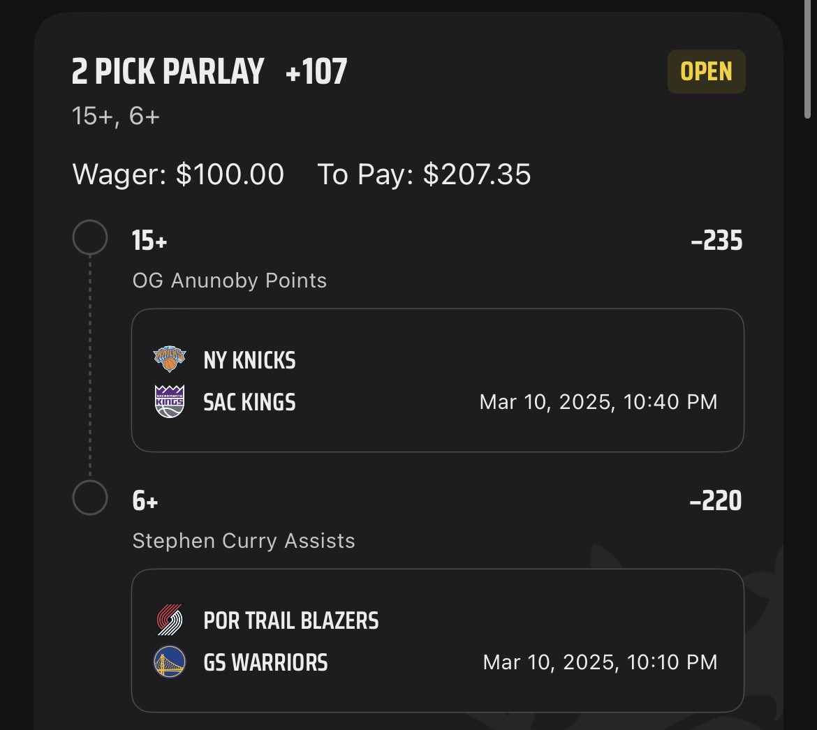 3/10 Pick #1

OG 15+/Curry 6+ assists | 1u to win 1.07u

❤️ if tailing

#GamblingX #SportsBettingX #NBA