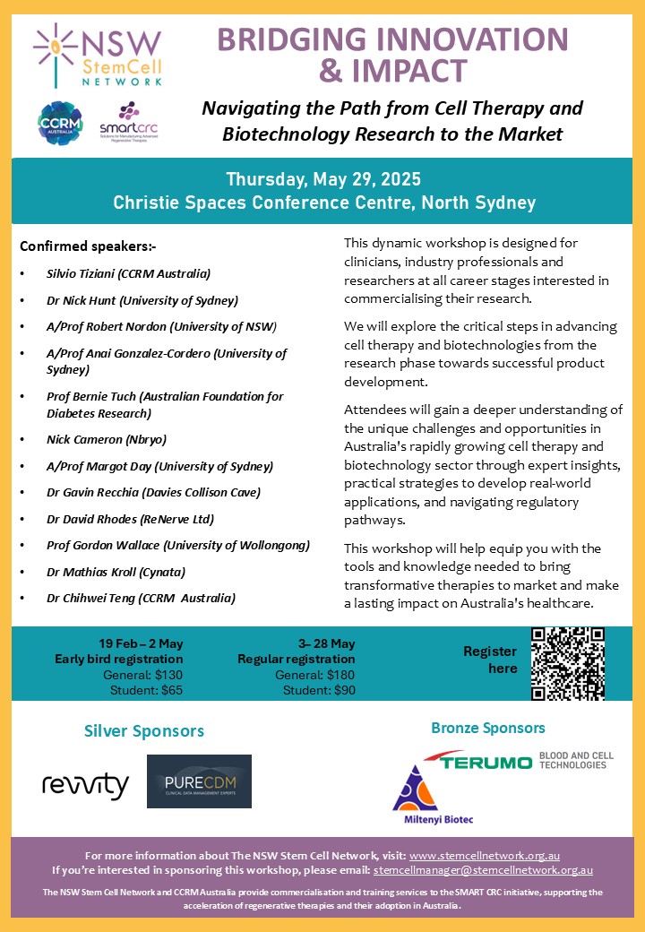 NSWStemCellNetwork (@nswstemcellnet) on Twitter photo Early bird tickets are still available until May 3.
Find them here trybooking.com/CYWVF
Info about the workshop is on our website stemcellnetwork.org.au/35th_workshop
To become a sponsor, email NSWstemcellnetwork@stemcellnetwork.org.au Early bird tickets are still available until May 3.
Find them here trybooking.com/CYWVF
Info about the workshop is on our website stemcellnetwork.org.au/35th_workshop
To become a sponsor, email NSWstemcellnetwork@stemcellnetwork.org.au