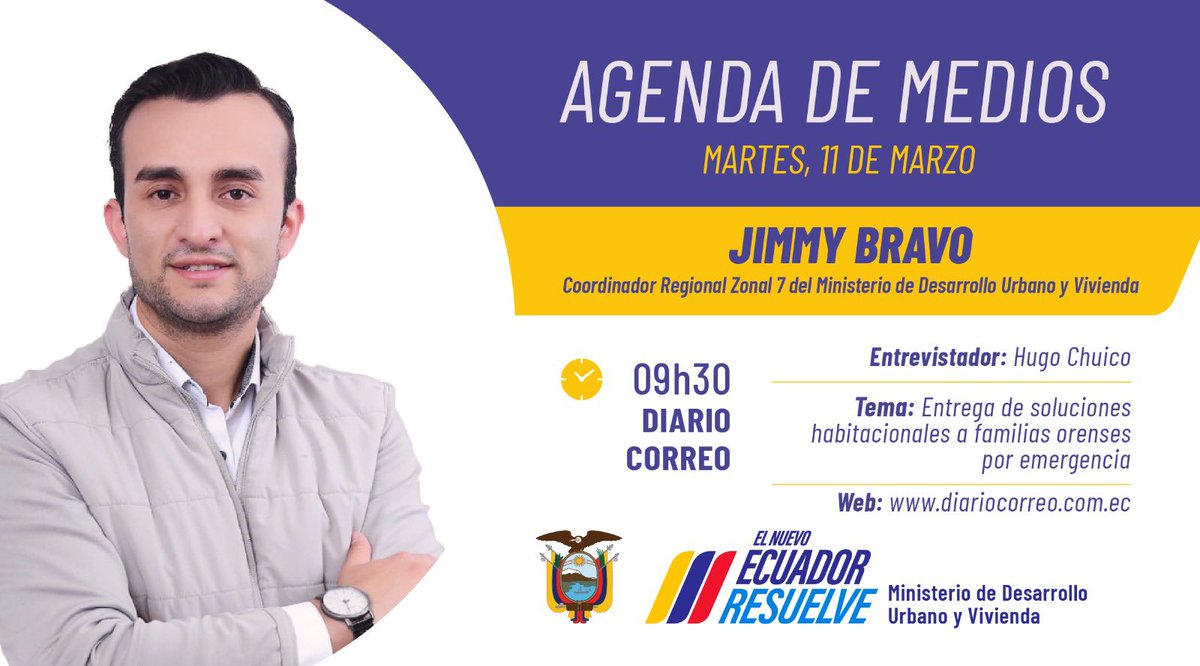 ViviendaEc's tweet photo. #EnMedios 🎙️ | ¡Conoce más sobre nuestra gestión! 🏡🇪🇨

Sigue la entrevista que nuestro Coordinador Regional #Zonal7 mantendrá en #DiarioCorreo

🗓️ Martes, 11 de marzo
⏰ 09h30
🏡 Tema: #GestiónMiduvi frente a las emergencias 

#ElNuevoEcuadorResuelve ✅ https://t.co/jo7MyiSvkr