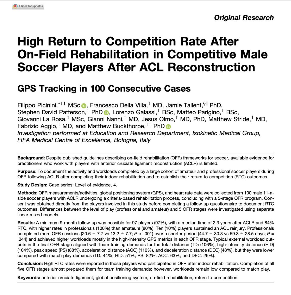 Specialized Training™️ (@tatopek1) on Twitter photo 🆕"High RTC rates were reported in those ACLR players who participated in on-field rehab after indoor rehab"
➡️Higher RTC (90% vs 71%) in those completing a OFR 5-stage program
👉<a href="/FilippoPicinini/">Filippo Picinini</a> <a href="/FDellaVilla/">Francesco Della Villa MD</a> <a href="/m_buckthorpe/">Matt Buckthorpe</a> et al, 2025 🇮🇹
📂Open Access: journals.sagepub.com/doi/10.1177/23… 🆕"High RTC rates were reported in those ACLR players who participated in on-field rehab after indoor rehab"
➡️Higher RTC (90% vs 71%) in those completing a OFR 5-stage program
👉<a href="/FilippoPicinini/">Filippo Picinini</a> <a href="/FDellaVilla/">Francesco Della Villa MD</a> <a href="/m_buckthorpe/">Matt Buckthorpe</a> et al, 2025 🇮🇹
📂Open Access: journals.sagepub.com/doi/10.1177/23…