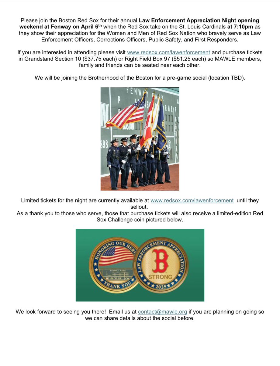 #MAWLE will be at Law Enforcement night at <a href="/fenwaypark/">Fenway Park</a> once again to root on the #Boston <a href="/RedSox/">Red Sox</a>.  ALL ARE WELCOME! We’re encouraging people to purchase seats in the 2 listed sections. #womeninlawenforcement