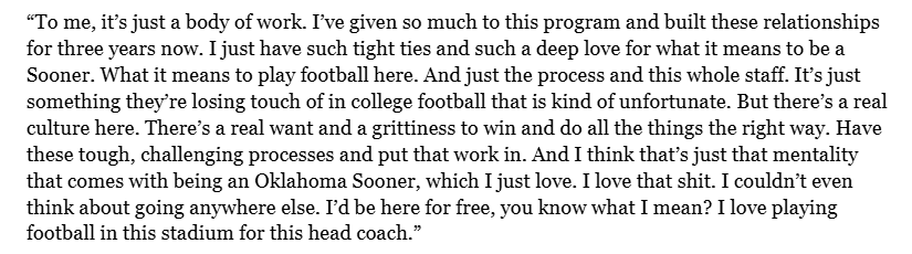 GeorgeStoia's tweet photo. I mean, how can you not love this from Jaren Kanak?

"I just have such tight ties and such a deep love for what it means to be a Sooner... There’s a real culture here. There’s a real want and a grittiness to win and do all the things the right way... I love that shit." https://t.co/AgPXns63wG