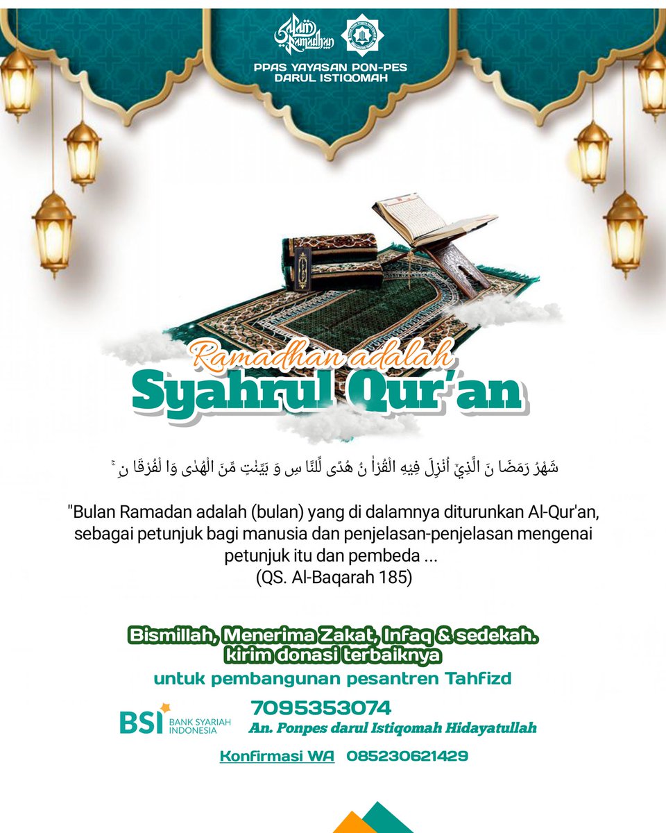 Keistimewaan dari bulan Ramadhan adalah dimna Allah menurunkan Al-Quran sebagai pedoman hidup bagi orang-orang beriman. Semoga kita tidak lepas untuk membaca Al-Qur'an disetiap harinya