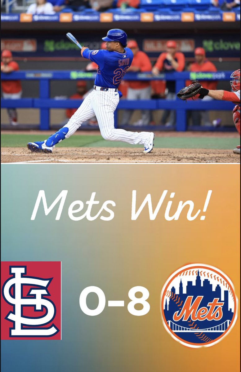 NicholasFasull1's tweet photo. AND THE BALLGAME IS OVER!!!! METS WIN!!!! MET BLOWOUT THE CARDINALS!!!! GRIFFIN CANNING WAS GREAT!!! THE OFFENSE WAS GREAT!!!! METS SHUTOUT THE CARDINALS!!!!!
#Mets (8) #Cardinals (0)
WE IMPROVE TO 7-8-2 ON THE SPRING!!!!
#LGM #MetsWin #SpringTraining25 https://t.co/uXEkxgxir9