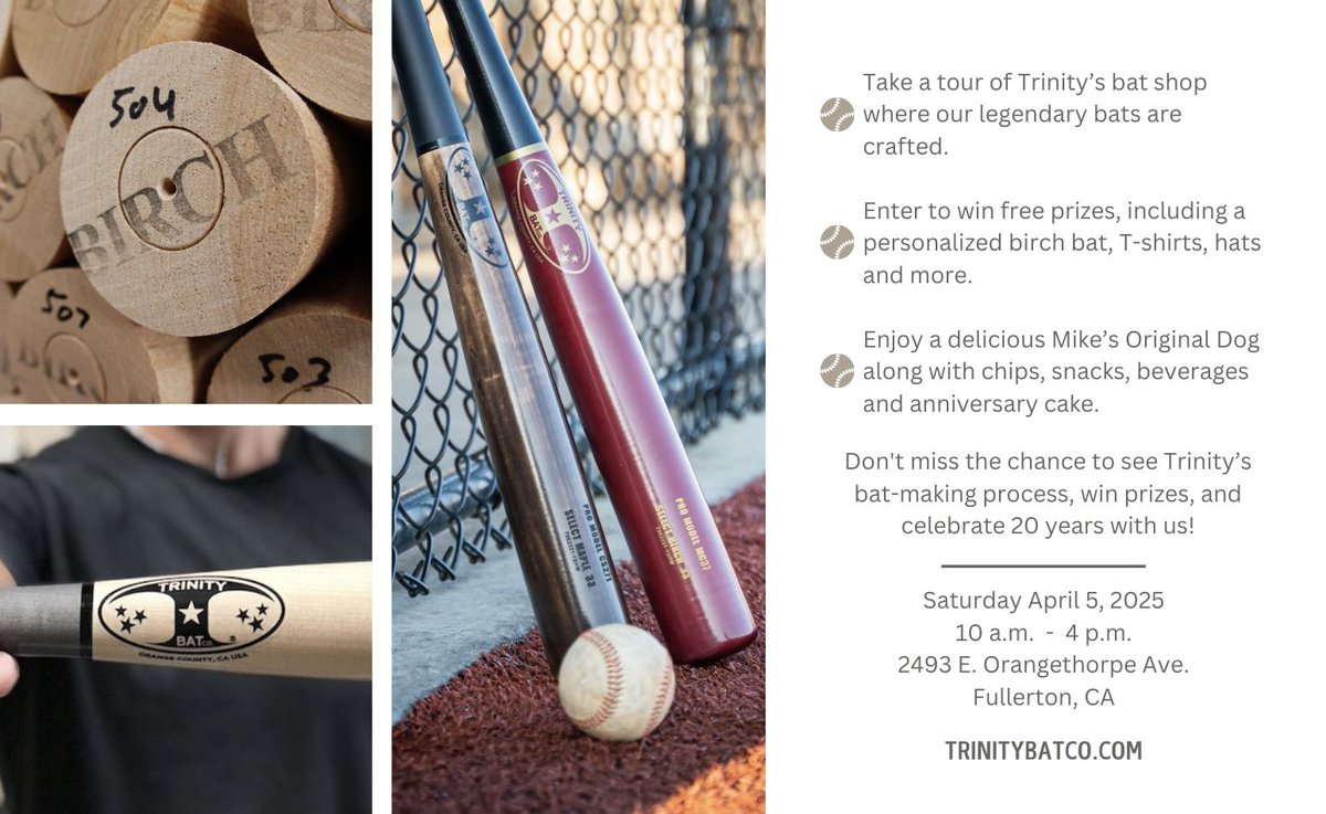 TrinityBatco's tweet image. Celebrating 20 years of craftsmanship, passion, and dedication to the game!

Join us on April 5th for a day of celebration with giveaways, discounts, food, and more! Don’t miss this milestone event! #trinitybats #20YearsStrong #BuiltForExcellence