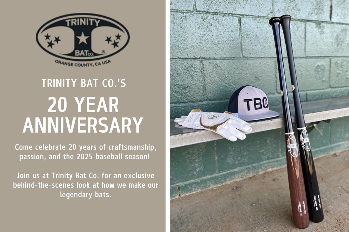 TrinityBatco's tweet image. Celebrating 20 years of craftsmanship, passion, and dedication to the game!

Join us on April 5th for a day of celebration with giveaways, discounts, food, and more! Don’t miss this milestone event! #trinitybats #20YearsStrong #BuiltForExcellence