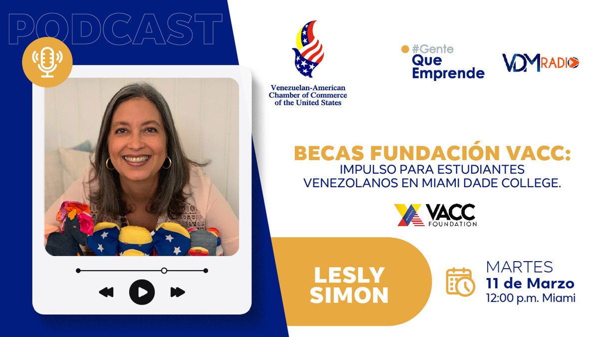 🎙️ #GenteQueEmprende tiene una invitada especial esta semana: Lesly Simón Presidenta (VACC Foundation) @vaccfoundation. 

Sintoniza este episodio el martes 11 de marzo a las 12:00 PM a través de los canales de YouTube de @venezuelanchamber y @vdmradio.  

👉  ¡No te lo pierdas!
