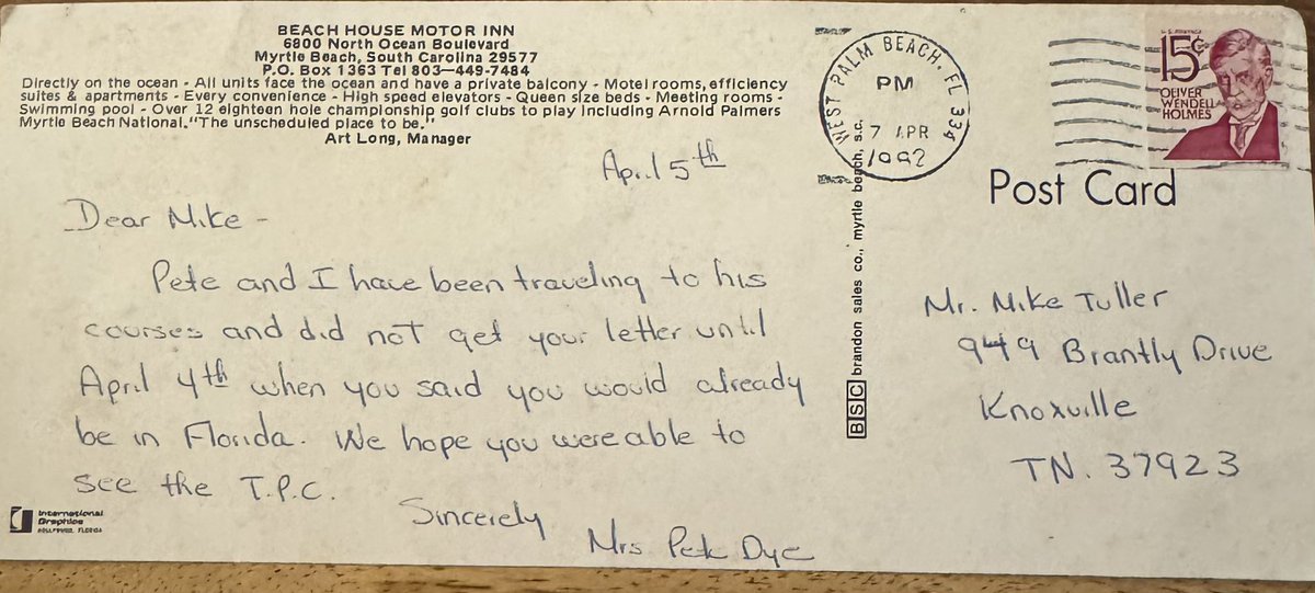 levelfours's tweet photo. In March 1982, high school senior, spring break trip to Daytona, interrupted/cut short by trip to TPC, week before tournament, had sent a note to Alice Dye asking if she could facilitate visit, here’s her response, Mrs. Pete Dye, WOW!@RichLernerGC @GolfChannel @chambleebrandel https://t.co/zxMJCCaHz1