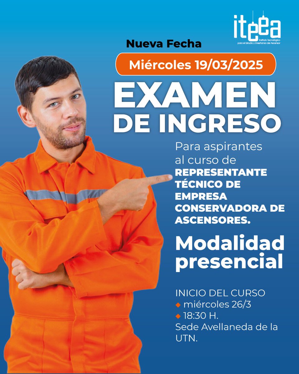 ITEEA_'s tweet photo. COMUNICADO IMPORTANTE:
¡CAMBIO DE FECHA! Examen de ingreso RT: 19/3, 17:30 hs.

Adolfo Alsina 1609, 1° piso (CABA).

Inicio curso: 26/3, 18:30 hs (UTN Avellaneda).

¡No faltes!

#ITEEA #Ascensores #RT #Examen #CABA #UTN https://t.co/R2WUzVSbQY