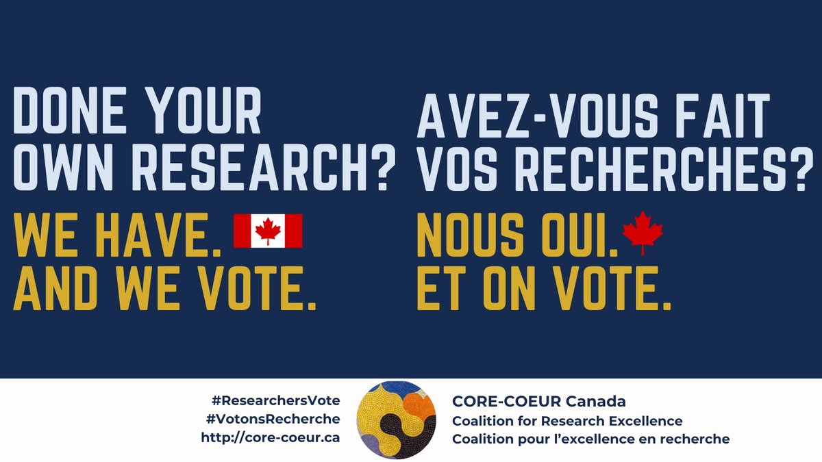 We'll vote for candidates who see that #research drives #innovation and benefits all in🇨🇦.

On soutiendra les candidat.e.s qui savent que la #recherche est au❤️de l'#innovation et profite à tou.te.s au🇨🇦.

#ResearchersVote #VotonsRecherche
#cdnpoli #polcan #Elections2025Canada