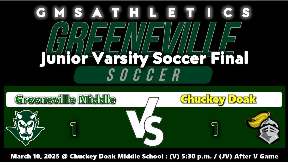 GMS Athletics, Soccer
Game Results, March 10, 2025
GMS vs. Chuckey Doak
Go Devils! #RISEasONE
<a href="/GMS_greeneville/">Greeneville Middle School</a> <a href="/racheladamstn/">Dr. Rachel Adams</a> <a href="/CoachMcCall65/">Andy McCall</a> <a href="/GMSDevilsSoccer/">GMS Soccer</a> <a href="/LLCoachJ/">Rustin Jones</a> <a href="/CoachDWood/">Dean Wood</a> <a href="/williep665/">Big Willie Style 66</a>
