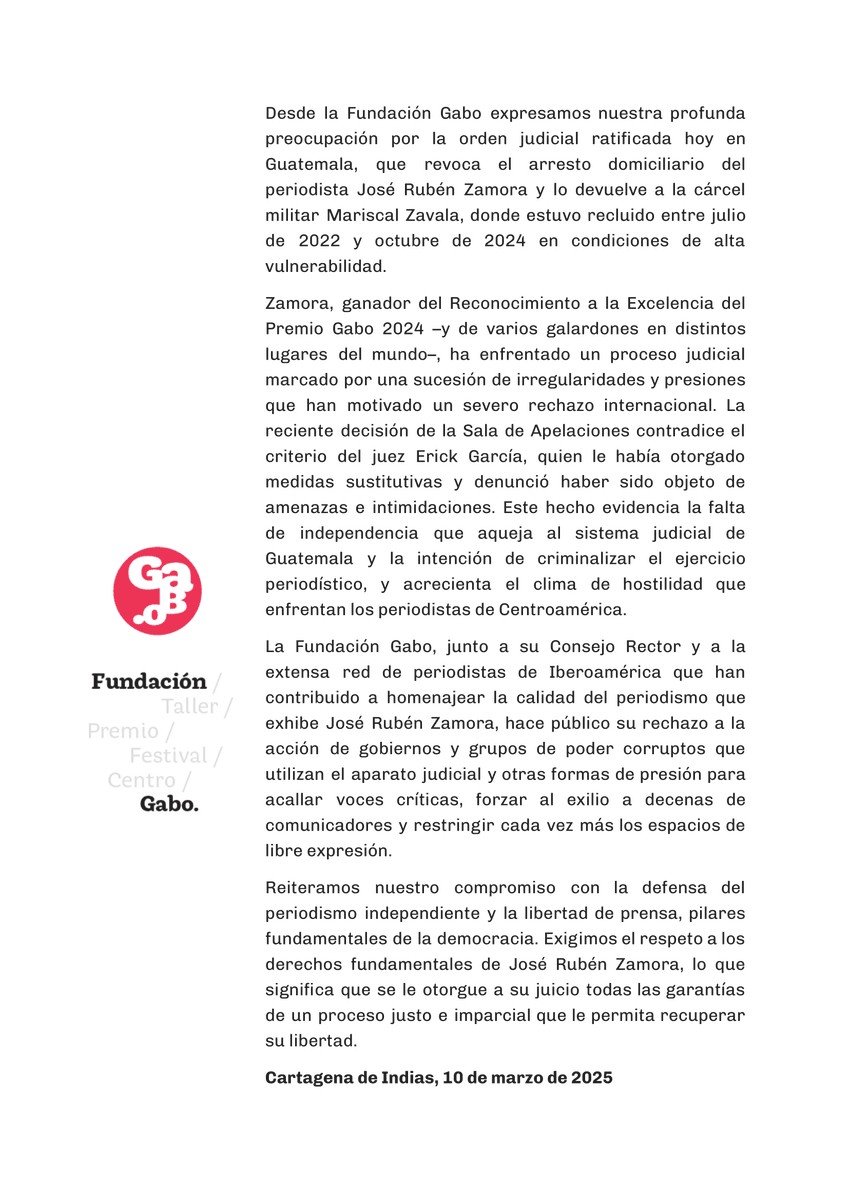 Comunicado oficial de la Fundación Gabo sobre la situación judicial del periodista guatemalteco José Rubén Zamora.