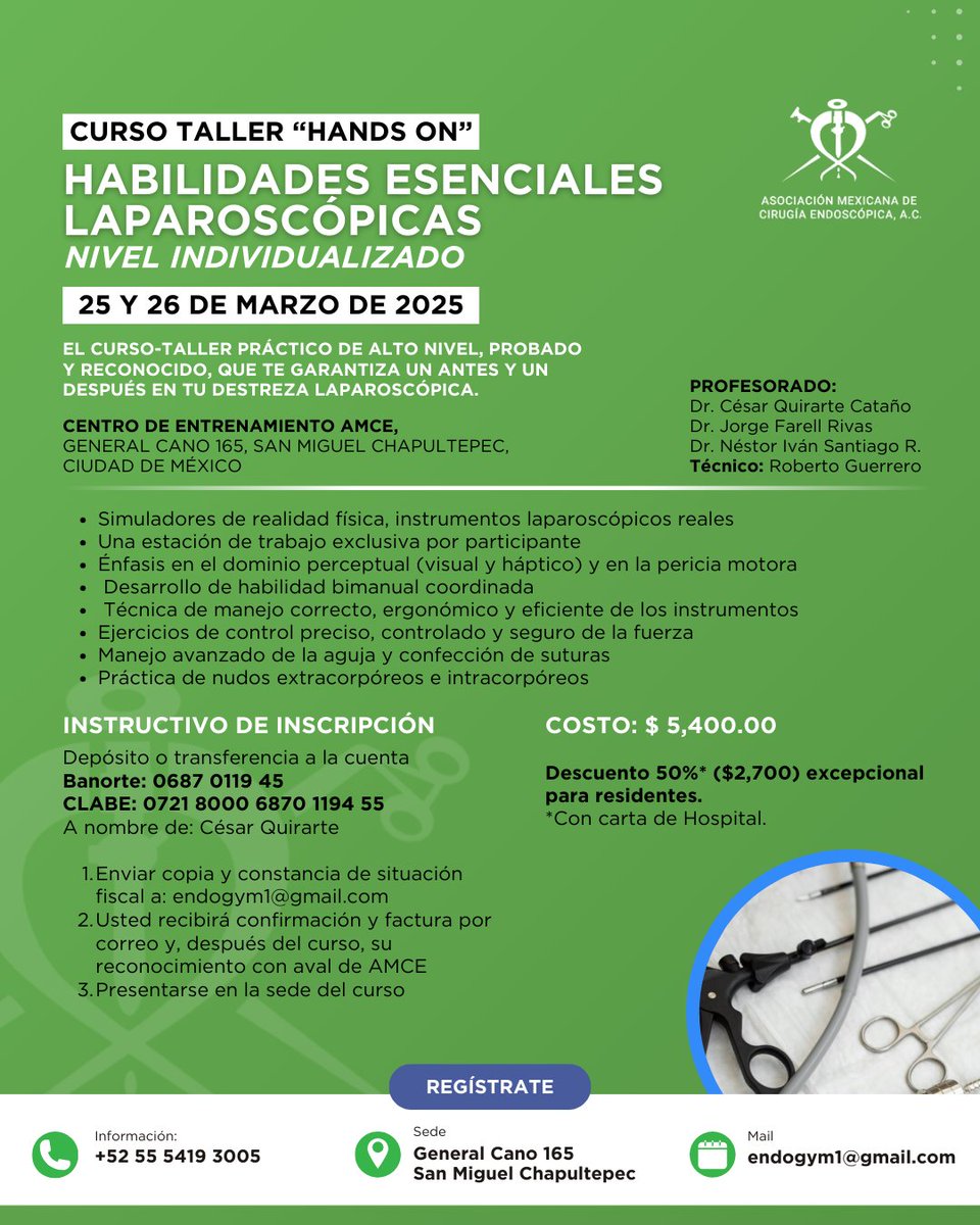 🚨 Curso Taller Hands On Habilidades Esenciales Laparoscópicas
🗓 25 y 26 de marzo de 2025
📍Centro de Entrenamiento AMCE.

🚨 Cupo limitado
🩺 Reserva tu lugar al 📞 +52 55 5419 3005