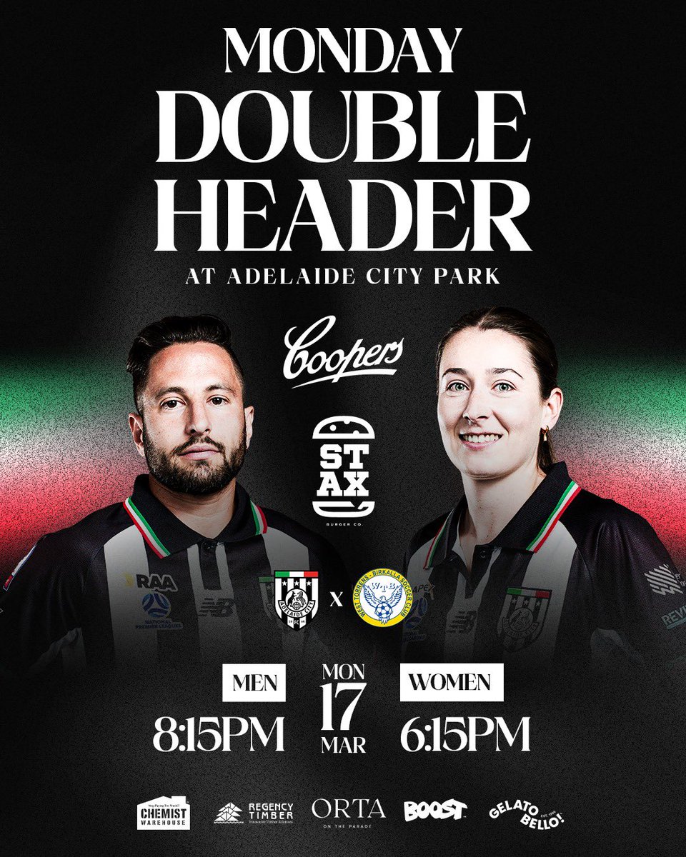MONDAY DOUBLE HEADER!!! 🦓 

Enjoy top tier football, an electric atmosphere, and the ultimate game day experience with Stax Burgers, Coopers, Boost Juice, and Gelato Bello bringing the goods! 🍔🍻🧃🍦

🆚 @wtbirkalla 
⏰ Monday W 6:15pm | M 8:15pm
🏟️ Adelaide City Park