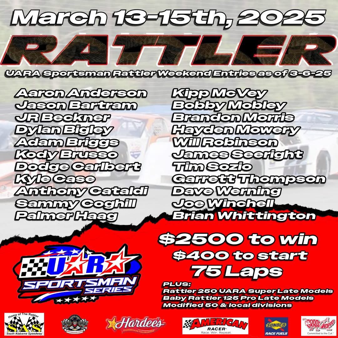 UARA United Auto Racing Alliance (@uarasportsman) on Twitter photo Here are the drivers that have preregistered for this weekend’s #Rattler75 <a href="/SouthAlabamaSAS/">South Alabama Speedway</a>. The Sportsman series will race Saturday March 15th alongside The <a href="/uaranational/">UARA National</a> tour & The <a href="/Hardees/">Hardee’s</a> #Rattler250 live on <a href="/RacingAmerica/">Racing America</a>. Be sure to tune in for a great race! Here are the drivers that have preregistered for this weekend’s #Rattler75 <a href="/SouthAlabamaSAS/">South Alabama Speedway</a>. The Sportsman series will race Saturday March 15th alongside The <a href="/uaranational/">UARA National</a> tour & The <a href="/Hardees/">Hardee’s</a> #Rattler250 live on <a href="/RacingAmerica/">Racing America</a>. Be sure to tune in for a great race!