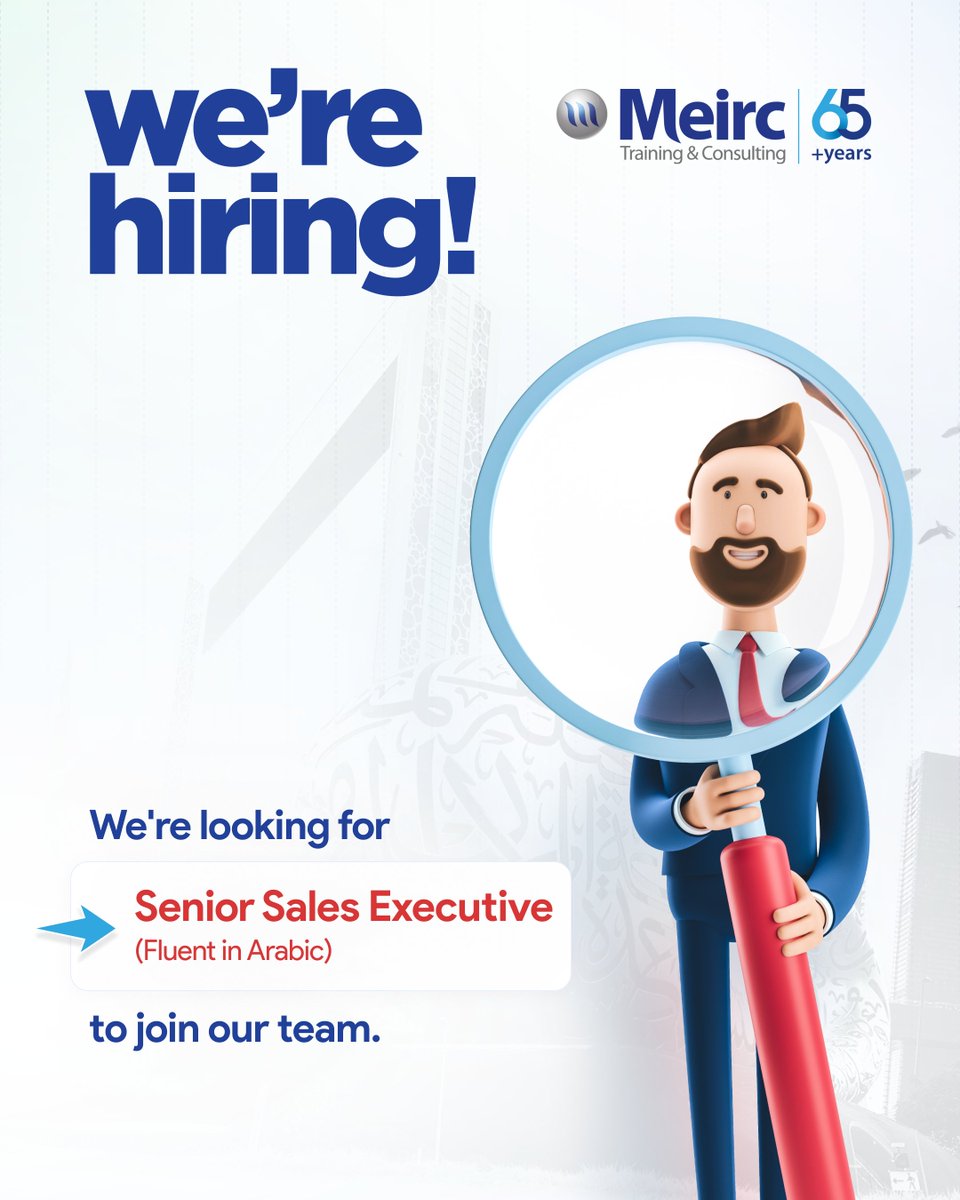 Meirc's tweet photo. 🚀 We're Hiring!    

 📷 We are looking for a talented and dynamic 𝐒𝐞𝐧𝐢𝐨𝐫 𝐒𝐚𝐥𝐞𝐬 𝐄𝐱𝐞𝐜𝐮𝐭𝐢𝐯𝐞 (𝐅𝐥𝐮𝐞𝐧𝐭 𝐢𝐧 𝐀𝐫𝐚𝐛𝐢𝐜) to join our team!  
Apply here: https://t.co/zSrS4YBrdb

 📷#Hiring #Businessdevelopment #Salesjobs https://t.co/uTJ4L5fBX8