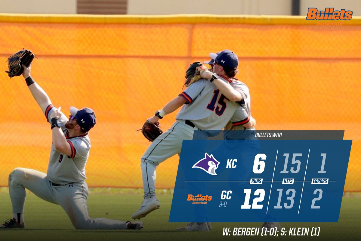Gettysburg Baseball (@gburgbase) on Twitter photo BULLETS (9-0) WIN!
Gettysburg 12 | Kenyon 6
The offense scored 6 in the 4th to take the lead! Burke (3/5, 2B, 2 R, 2 RBI, SB) & Nichols (3/5, 2B, 3 R, RBI, 2 SB) led the offense!
Fy. RP Alex Bergen got his 1st collegiate W with 3 IP in relief and 6 strikeouts!
<a href="/gburgbullets/">Gettysburg College Athletics</a> BULLETS (9-0) WIN!
Gettysburg 12 | Kenyon 6
The offense scored 6 in the 4th to take the lead! Burke (3/5, 2B, 2 R, 2 RBI, SB) & Nichols (3/5, 2B, 3 R, RBI, 2 SB) led the offense!
Fy. RP Alex Bergen got his 1st collegiate W with 3 IP in relief and 6 strikeouts!
<a href="/gburgbullets/">Gettysburg College Athletics</a>