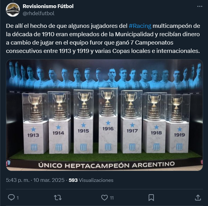 rolfi_cai's tweet photo. Revisionismo acaba de CONFIRMAR que en el heptacampeonato amateur de racing los jugadores de dicho club estaban bancados económicamente por el intendente de Avellaneda. 

Era el único club profesional dentro del amateurismo, teniendo una DESIGUALDAD COMPETITIVA. https://t.co/FmHFxeeoAw