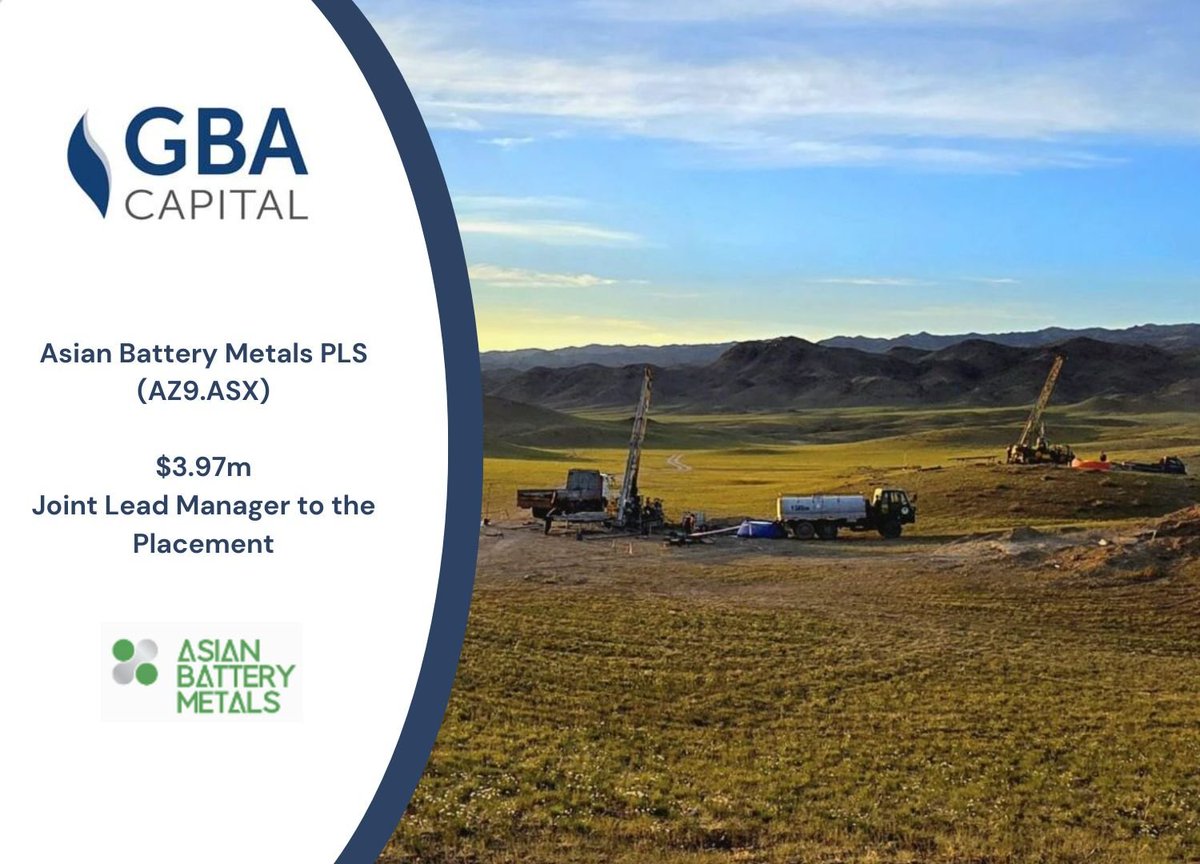 GBA Capital (@gba_capital) on Twitter photo <a href="/GBA_Capital/">GBA Capital</a> is pleased to have acted as Joint Lead Manager for <a href="/asianbatterymet/">Asian Battery Metals PLC</a> $AZ9
AZ9 is advancing the Oval Cu-Ni-PGE Project in Mongolia, a highly prospective region for battery metals. The project has already delivered significant discoveries, including multiple massive <a href="/GBA_Capital/">GBA Capital</a> is pleased to have acted as Joint Lead Manager for <a href="/asianbatterymet/">Asian Battery Metals PLC</a> $AZ9
AZ9 is advancing the Oval Cu-Ni-PGE Project in Mongolia, a highly prospective region for battery metals. The project has already delivered significant discoveries, including multiple massive