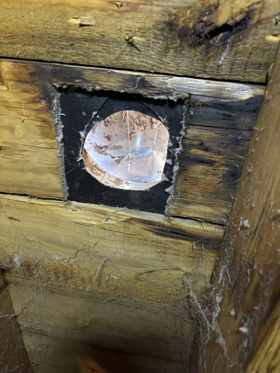 NilesBeers's tweet photo. While inspecting the ductwork in this attic, we actually came across this vertical dryer vent that was completely stopped up! We took it apart and cleaned it from the dryer to the roof vent, and now we can see daylight again! The dryer will be drying WAAAYY faster now! https://t.co/JmB3yb5006