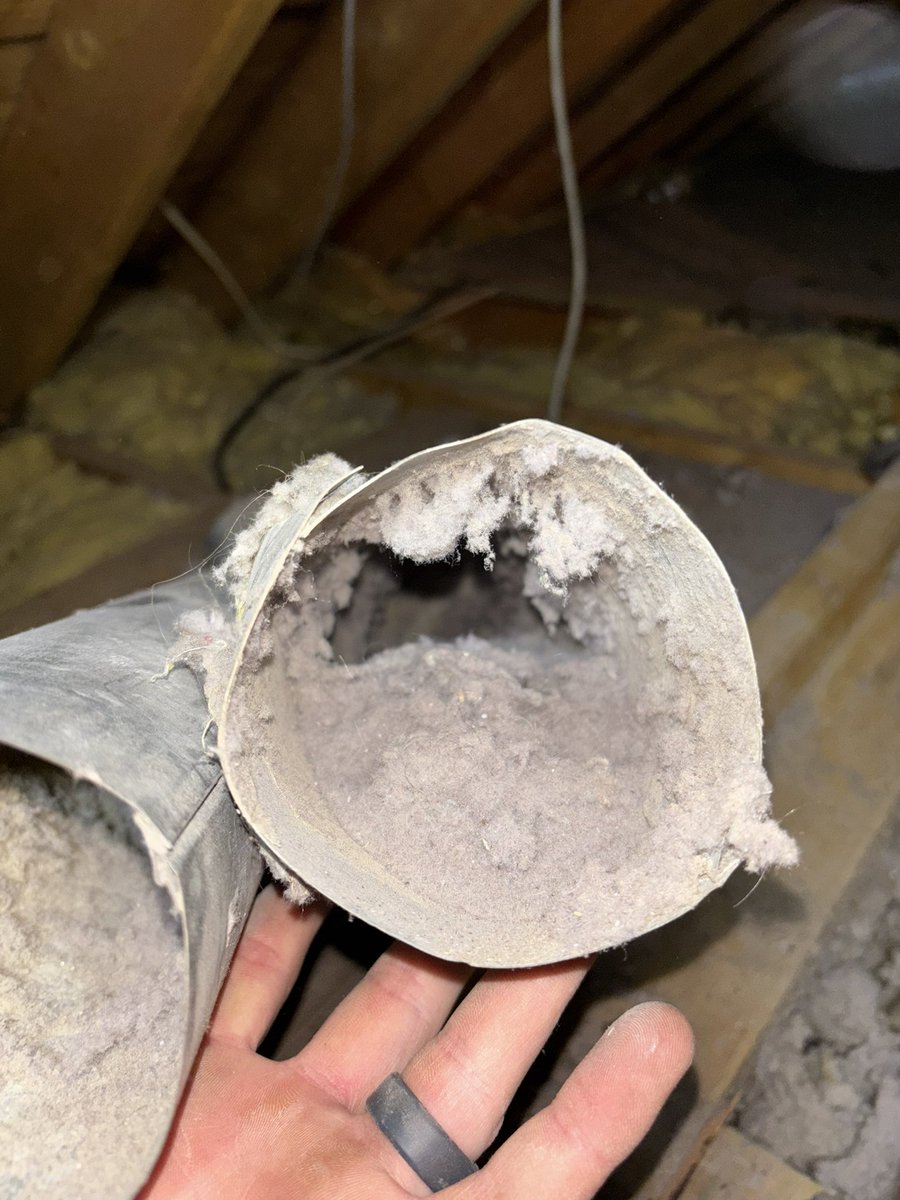 NilesBeers's tweet photo. While inspecting the ductwork in this attic, we actually came across this vertical dryer vent that was completely stopped up! We took it apart and cleaned it from the dryer to the roof vent, and now we can see daylight again! The dryer will be drying WAAAYY faster now! https://t.co/JmB3yb5006