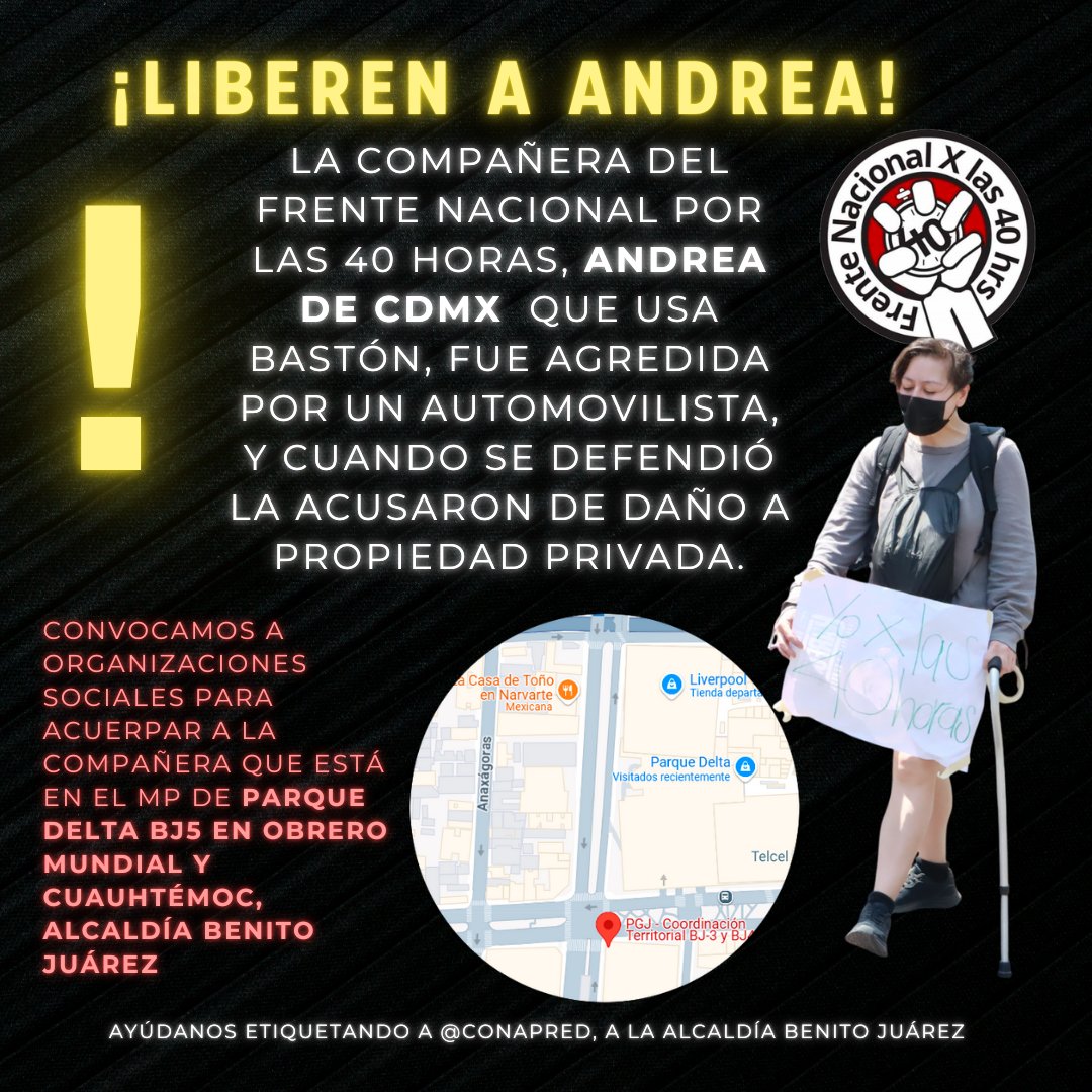 YoXLas40Horas2's tweet photo. #Ahora 🚨🚨¡LIBEREN A ANDREA!

Por defender su paso peatonal y tratar de salvaguardar su integridad, Andrea fue amenazada y discriminada por una cochista y su copiloto. 
La policía la detuvo por "dañar la propiedad privada" y lleva horas sin cómoda ni agua. https://t.co/RfvooFtwMO