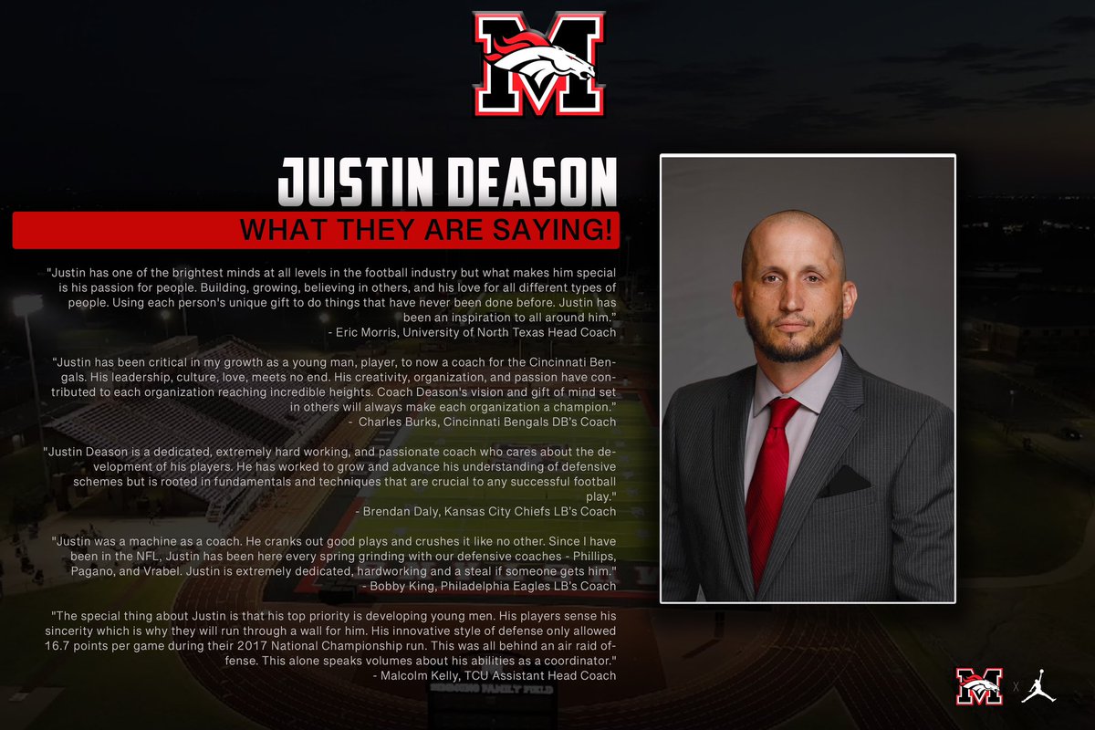 Mustang Football (@1broncofootball) on Twitter photo Check out what these current NFL & D1 Coaches are saying about Bronco Defensive Coordinator <a href="/CoachDeas/">Justin Deason</a>! #WeAreMustang Check out what these current NFL & D1 Coaches are saying about Bronco Defensive Coordinator <a href="/CoachDeas/">Justin Deason</a>! #WeAreMustang