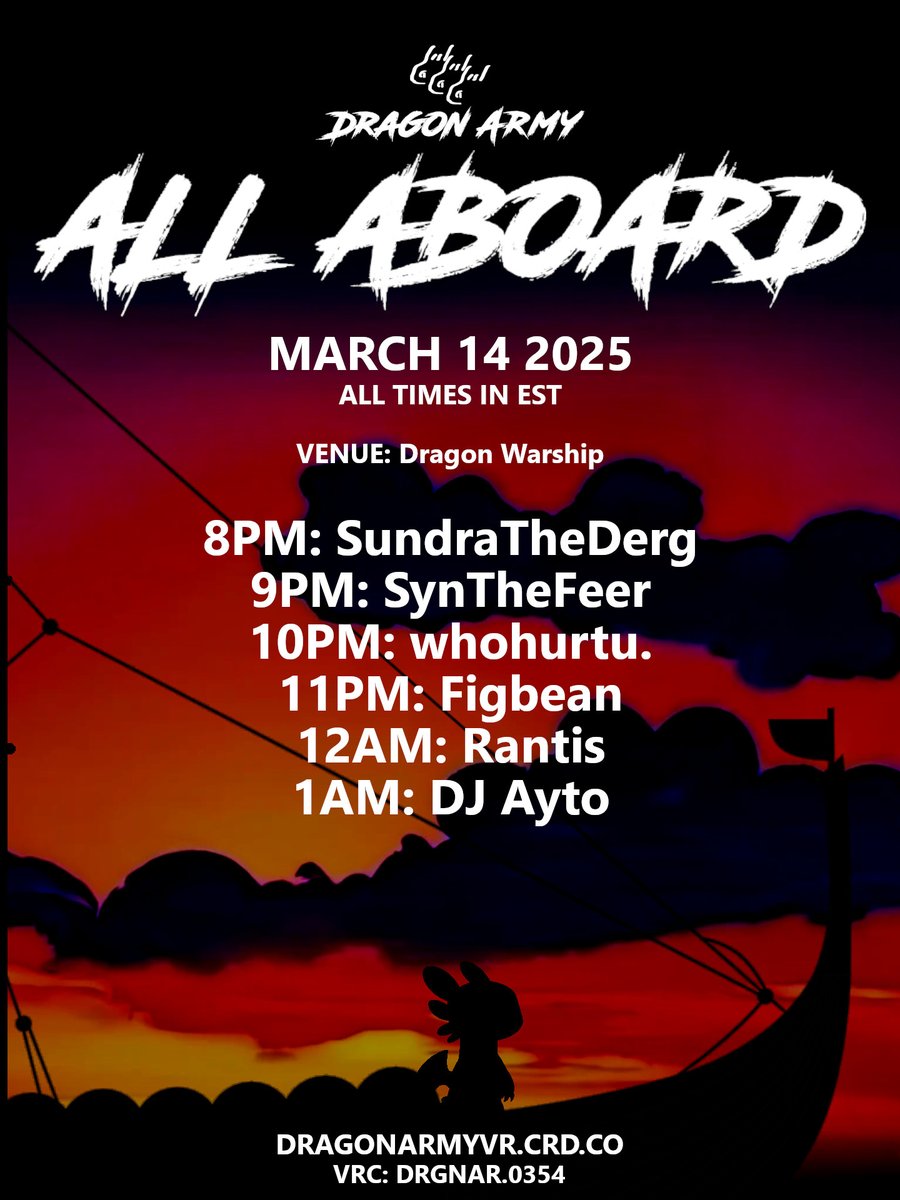 Dragon Army (@dragonarmyvr) on Twitter photo Ahoy fellow dragons. We'll be boarding the warship this Friday, 8PM EST. π¦πβ΅οΈ
FEATURING SETS FROM:
<a href="/KMolresa/">Sundra the cute derg</a>
<a href="/SynTheFeer/">syn</a>
<a href="/whohurtu_dub/">ππππππππ.π΅ Silent Mode</a>
Figbean (Replacing Spineshatter)
<a href="/RantiMess/">Rantis (rantis.contain.agency)</a>
and DJ Ayto.
Join our server for instance access: vrc.group/DRGNAR.0354
Poor or better Avis. Ahoy fellow dragons. We'll be boarding the warship this Friday, 8PM EST. π¦πβ΅οΈ
FEATURING SETS FROM:
<a href="/KMolresa/">Sundra the cute derg</a>
<a href="/SynTheFeer/">syn</a>
<a href="/whohurtu_dub/">ππππππππ.π΅ Silent Mode</a>
Figbean (Replacing Spineshatter)
<a href="/RantiMess/">Rantis (rantis.contain.agency)</a>
and DJ Ayto.
Join our server for instance access: vrc.group/DRGNAR.0354
Poor or better Avis.