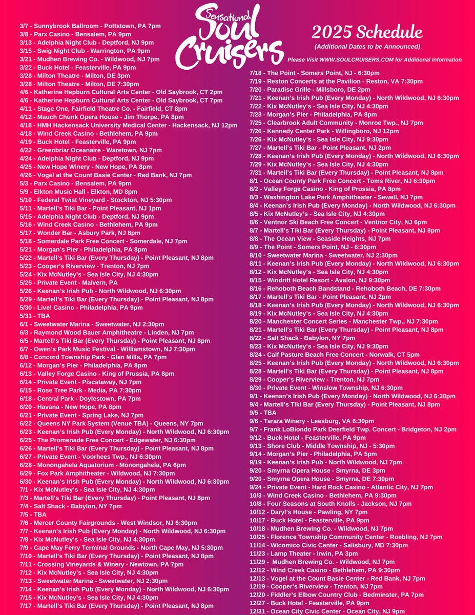 Soul Cruisers March-December 2025 Tour Schedule more dates to come.