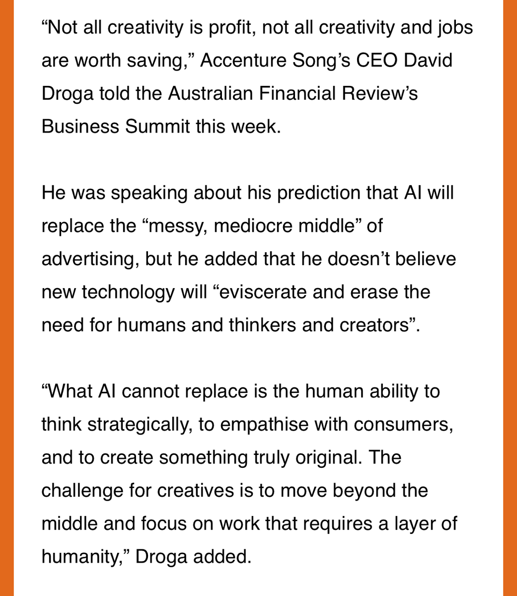 StanLeeTweets's tweet photo. David Droga on the impact of AI on jobs in adland. Sounds a little harsh and uncaring but he's pretty much on the money with his prediction about the 'messy middle'. https://t.co/N8ZDeOzzbD
