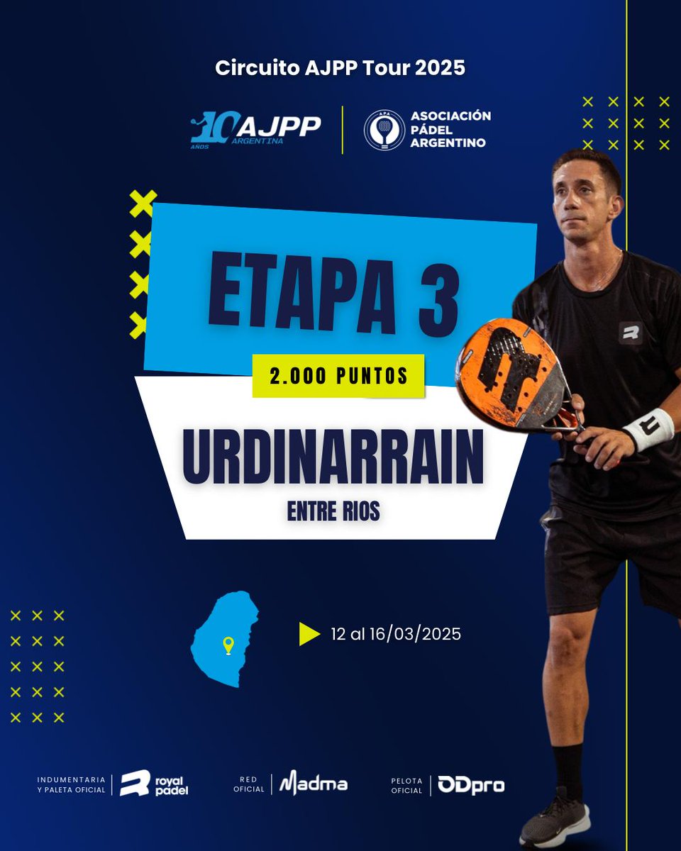 📢 𝗘𝘁𝗮𝗽𝗮 3️⃣ - 𝗨𝗿𝗱𝗶𝗻𝗮𝗿𝗿𝗮𝗶𝗻 - 𝟮𝟬𝟬𝟬 𝗣𝘂𝗻𝘁𝗼𝘀 - 𝗘𝗻𝘁𝗿𝗲 𝗥𝗶𝗼𝘀 🇦🇷

¡54 parejas! 💥
 
🗓️ Del 11 al 16 de Marzo 
💰 Premio: $𝟱.𝟮𝟬𝟬.𝟬𝟬𝟬
🏟️ Sede: @la_hectarea_padel

#AJPP2000Urdinarrain
<a href="/Padel_APA/">Asociación Pádel Argentino (APA)</a>