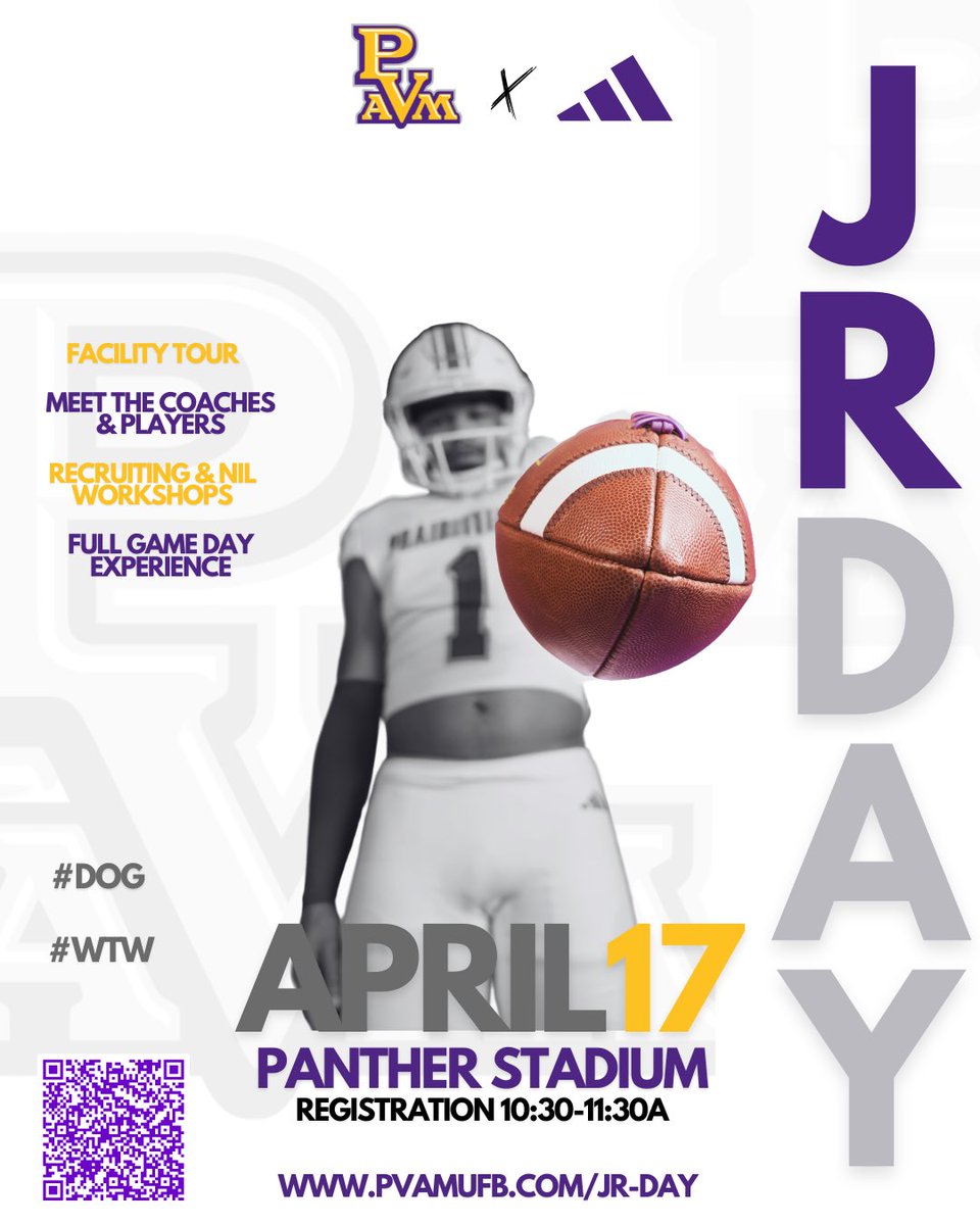 pvamufb_'s tweet photo. Calling All High School Juniors! 🔥

Do you have what it takes to play D1 football? 
Experience PVAMU Jr. Day on Apr. 17 at Panther Stadium!

🔗 Register Now: https://t.co/vgzIc2AShE
📍 Registration: 10:30-11:30 AM

Tag a teammate who needs to be there! #DOG #WTW #JrDay #PVAMUFB https://t.co/kDYQ53XYY2