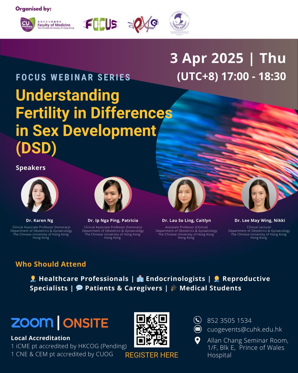 Upcoming FOCUS Event Alert!

Fertility &amp; DSD: Insights into Turner Syndrome &amp; Congenital Adrenal Hyperplasia 🌱

📅 Date: 3 Apr 2025
🕔 Time: 17:00 - 18:30
📍Location: Allan Chang Seminar Room, Prince of Wales Hospital / Online via Zoom

🔗 Register Now: shorturl.at/HkmwE