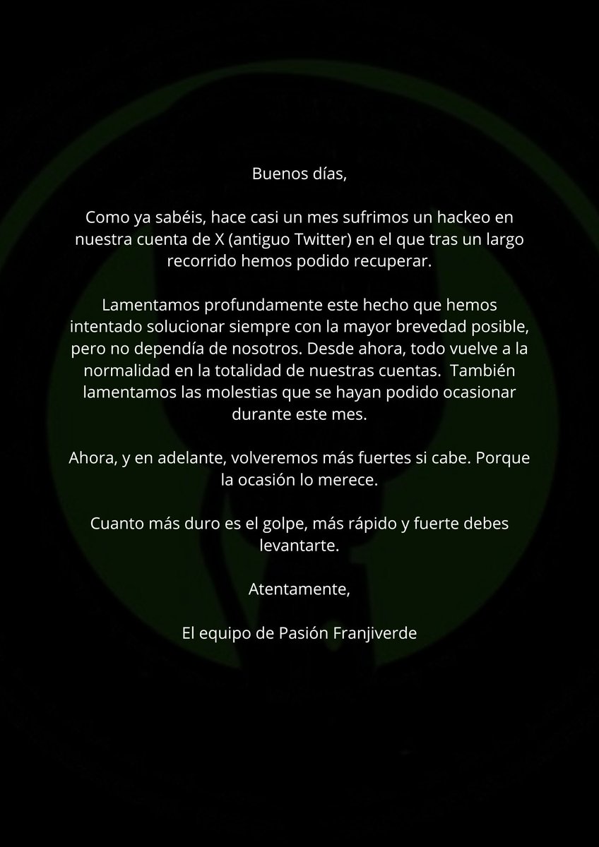 Comunicado oficial de Pasión Franjiverde

La hemos recuperado.