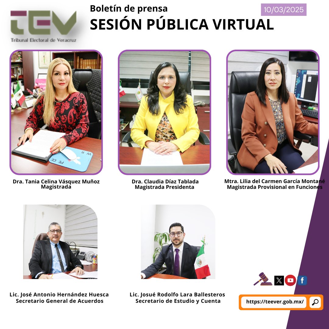 Consulta el boletín de prensa de la Sesión Pública virtual de #hoy lunes.
📰Consulta:
🔗  tinyurl.com/Boletines25
Medios de impugnación del #Día.
🔍tinyurl.com/TEV100325
Transmisión:
🎥 tinyurl.com/TEVtv100325