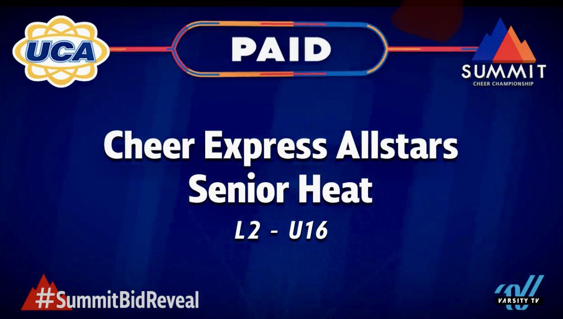 Congratulations to Senior Heat who received a Full Paid bid to The Summit from UCA, after competing in Orlando this past weekend!  Fabulous job ladies! All your hard work paid off!